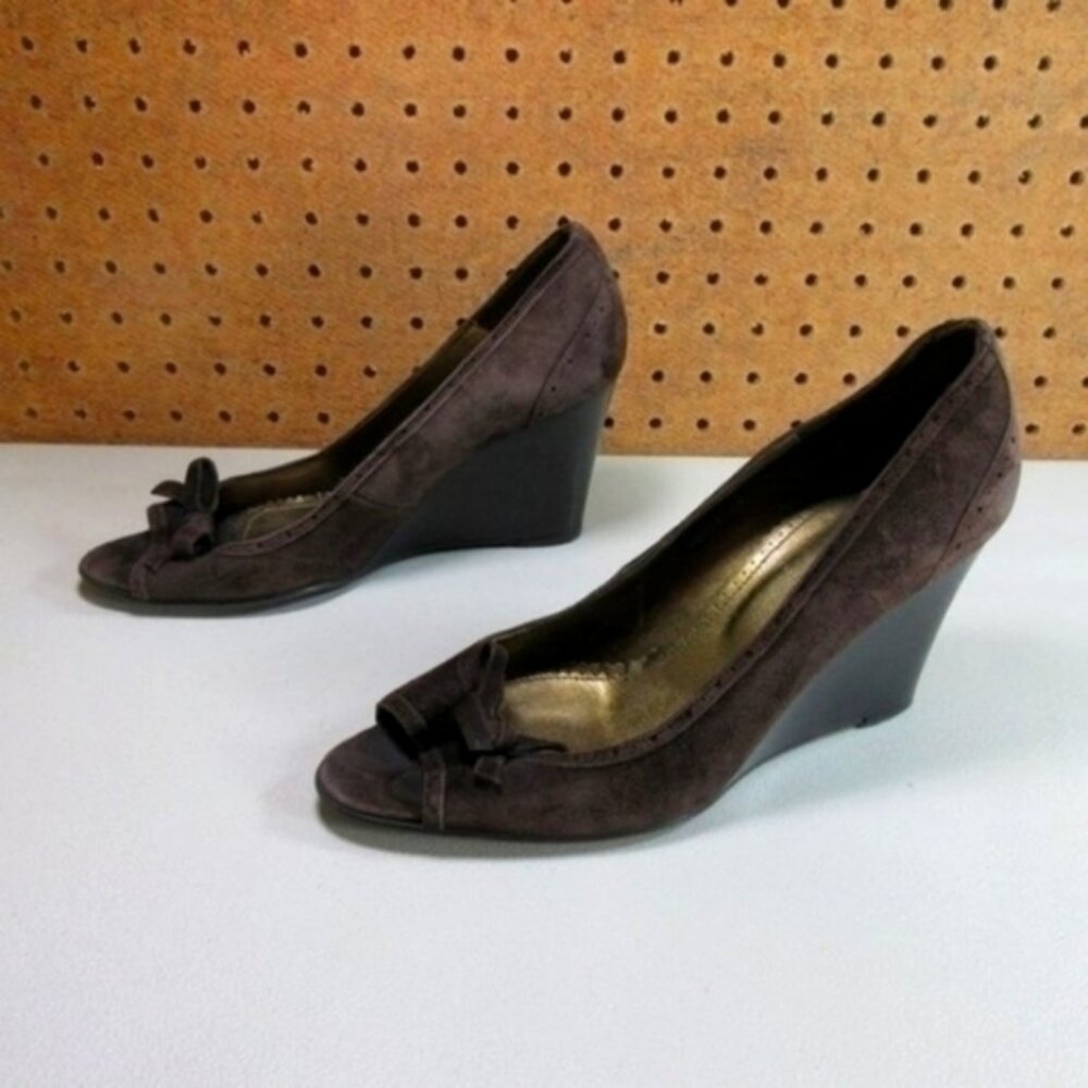 J.CREW womens brown suede punched suede bow peep wedge sandals 8 M